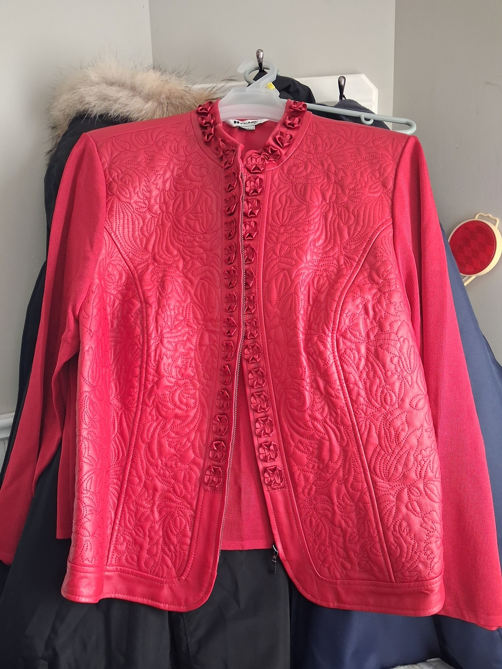 Women's Embossed Coral Red Jacket with Rosette Trim